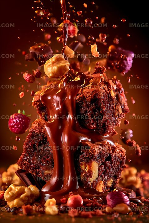 Decadent chocolate dessert topped with glossy sauce and nuts