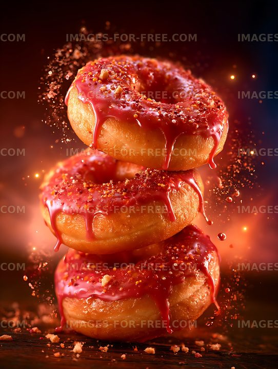 Three red-glazed doughnuts stacked in dramatic light