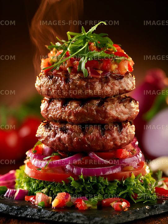 Tall burger stack with grilled patties and colorful vegetables