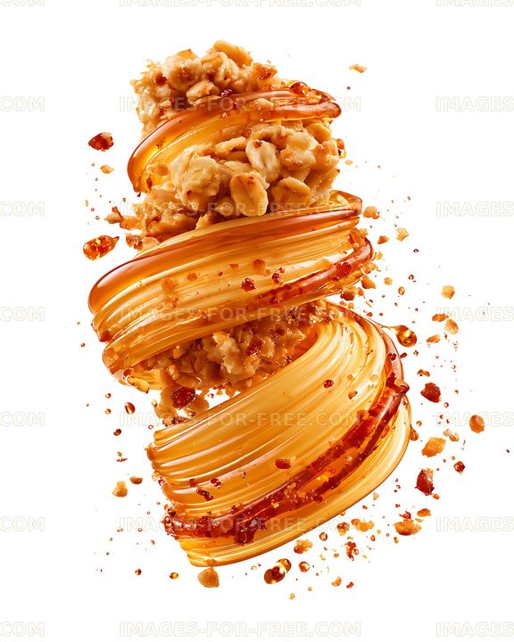 Glossy caramel abstract with nuts and crumbs