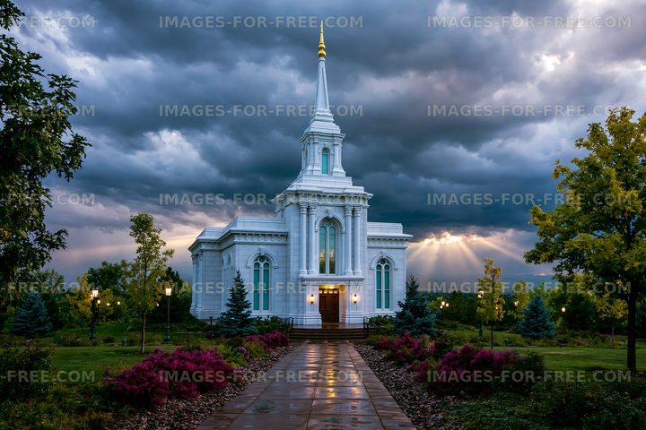 White temple framed by gardens and dramatic storm clouds