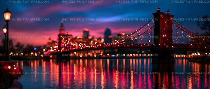 Glowing suspension bridge and city reflections at twilight