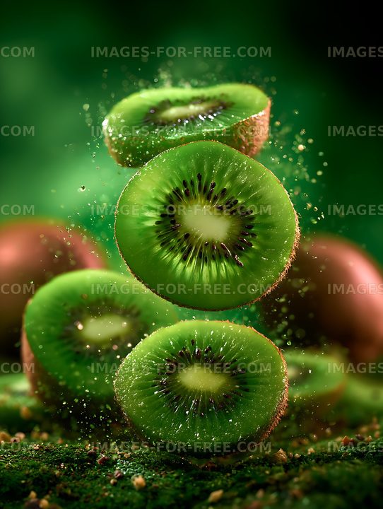 Fresh sliced kiwi with sparkling droplets