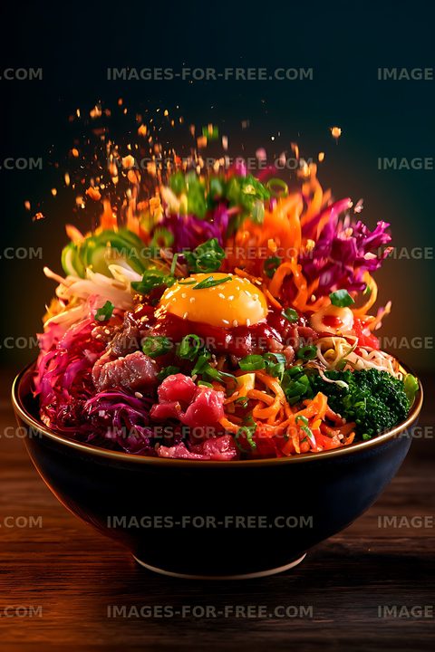 Vibrant burger bowl with fresh vegetables and dramatic splash