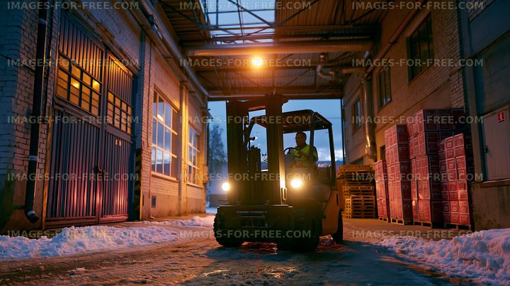 Forklift operator in snowy industrial warehouse yard