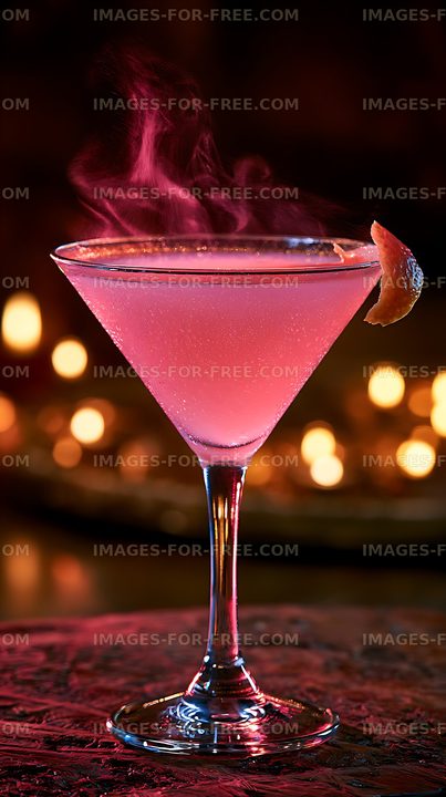 Vivid pink cocktail with citrus peel and atmospheric smoke