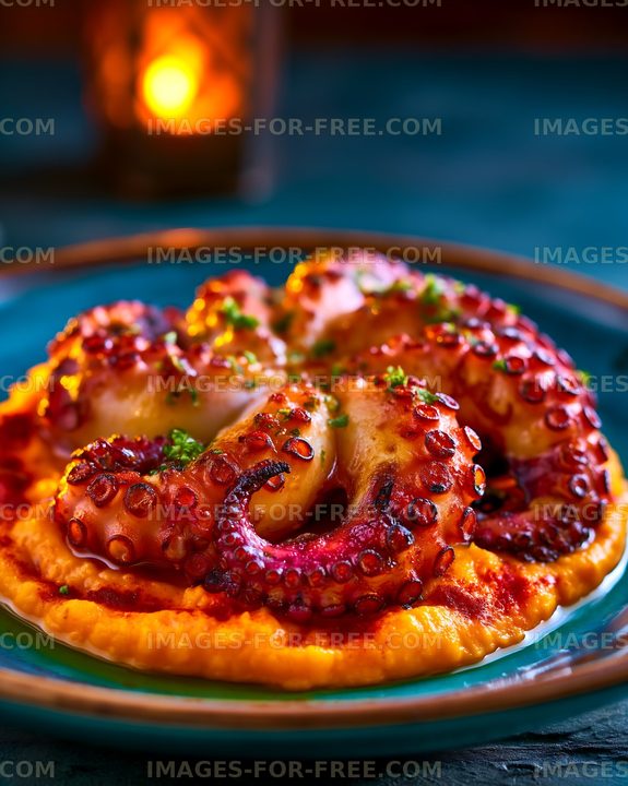 Close-up grilled octopus with herbs on flatbread