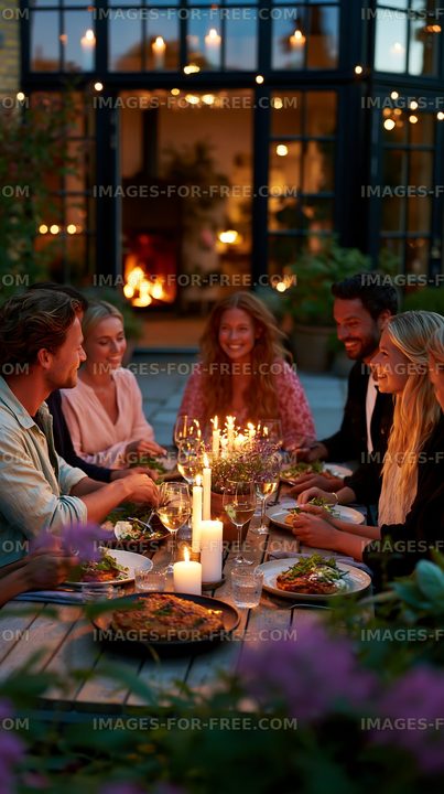 Six friends sharing a candlelit dinner outdoors