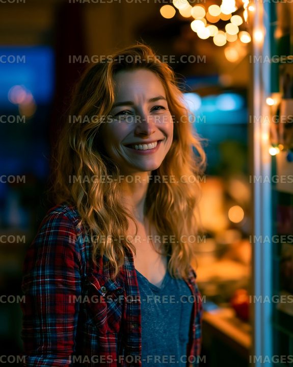 Smiling woman in cozy indoor setting during evening
