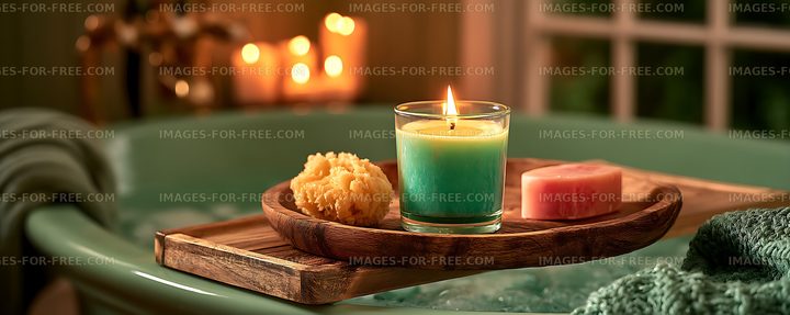 Warm spa still life with candle, soap, and sponge