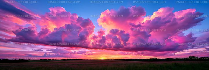 Panoramic sunset sky above countryside fields