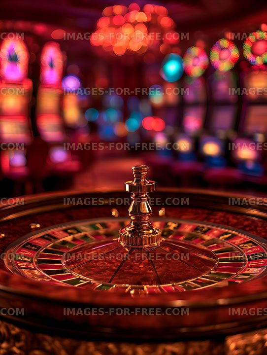 Polished roulette wheel beneath colorful blurred lights