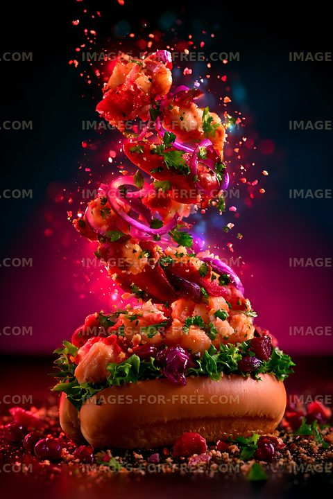 Colorful seafood hot dog with herbs and scattered ingredients
