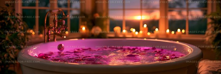 Petal-filled bathtub glowing at sunset