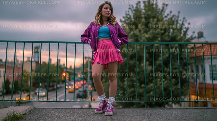 Fashionable young woman on city bridge at dusk