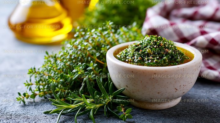 Fresh herb sauce in bowl with rosemary and thyme