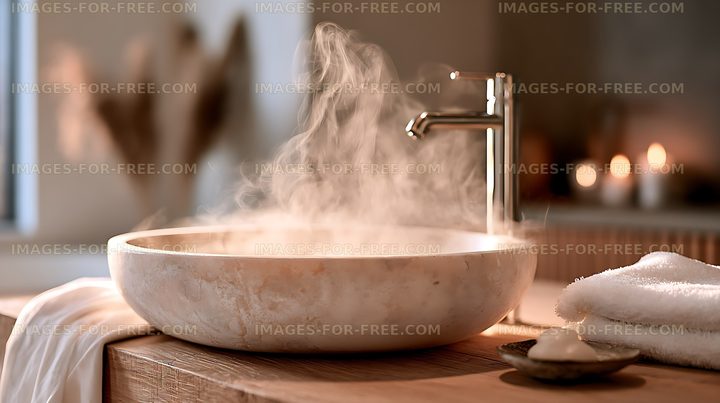 Steam rising from a stone bathtub in a cozy bathroom
