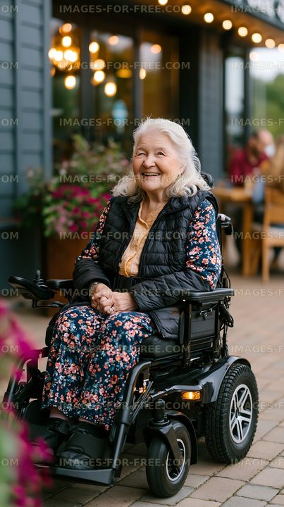 Happy senior woman using a power wheelchair outdoors
