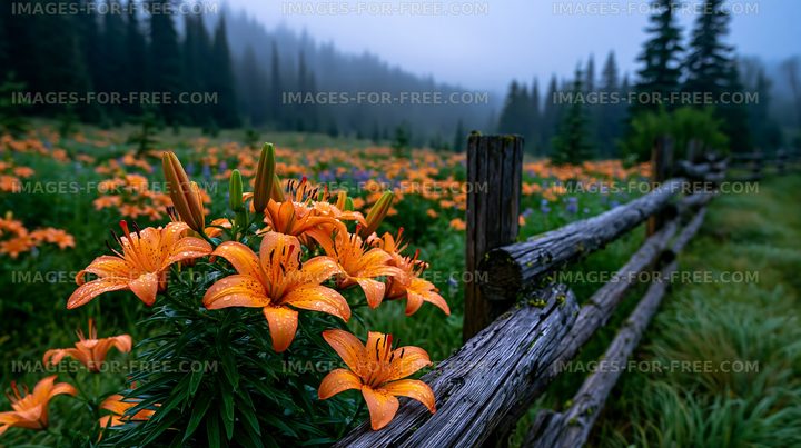 Rain-covered orange lilies in a misty forest meadow