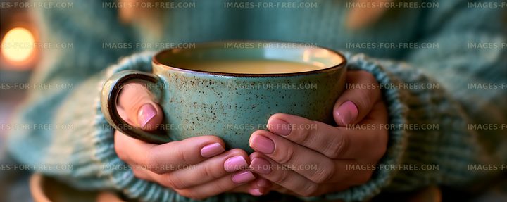 Hands holding a speckled ceramic cup in a cozy setting