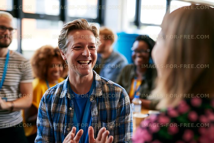 Joyful man talking with people at an indoor social gathering
