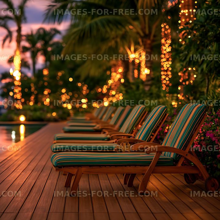 Tropical poolside lounge chairs with glowing lights