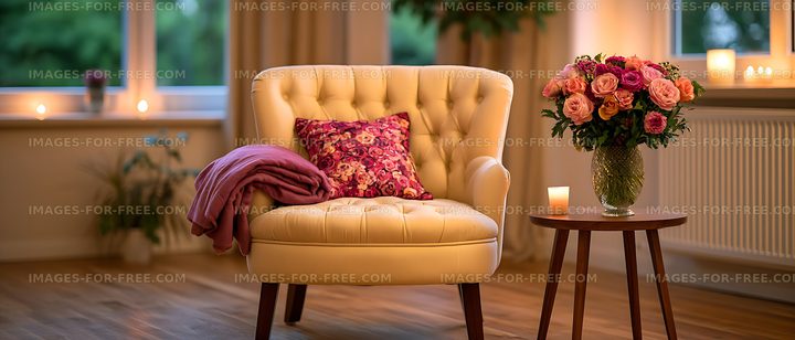 Warm cozy interior with armchair, flowers, blanket and candle