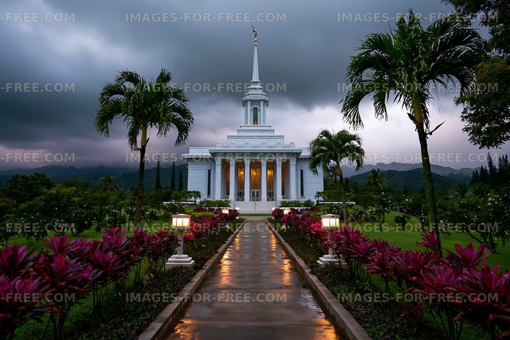 Tropical temple garden after rain