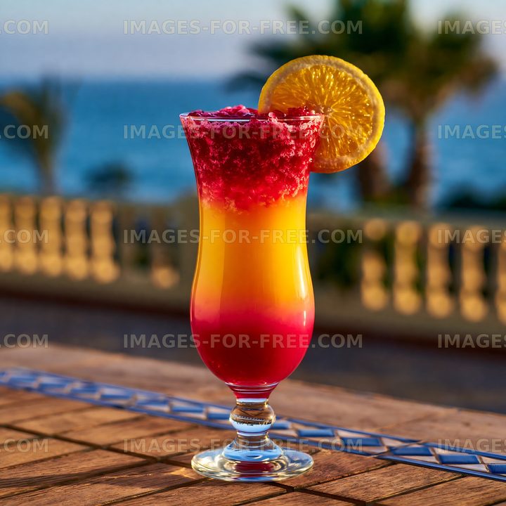 Layered red and orange fruit drink with lemon garnish