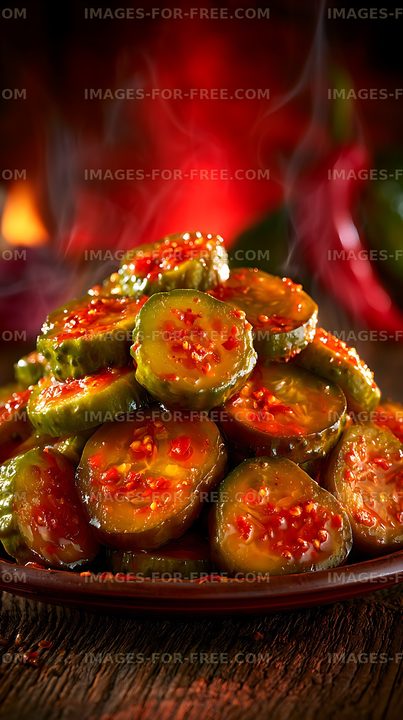 Glossy spicy cucumber slices on a rustic plate