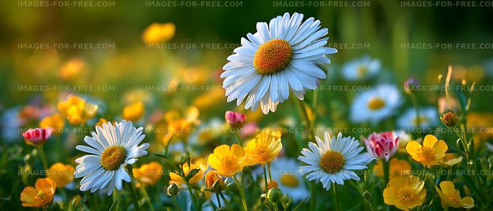 White daisies among colorful meadow flowers