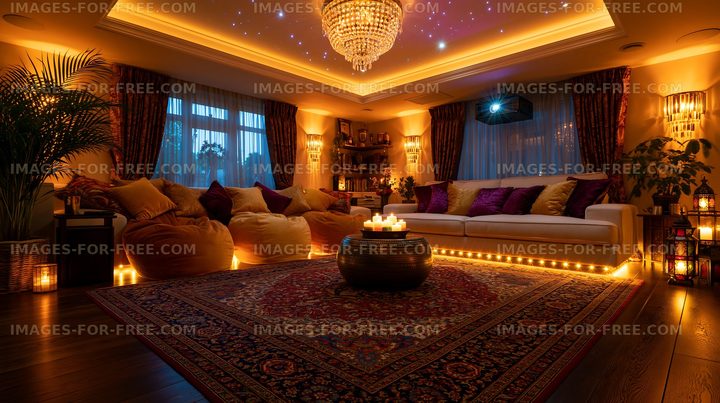 Elegant living room illuminated by chandelier and candlelight