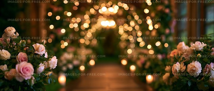 Rose-lined garden walkway with warm bokeh lights