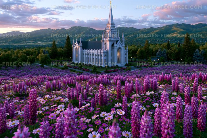 Spired white temple in a colorful mountain flower garden