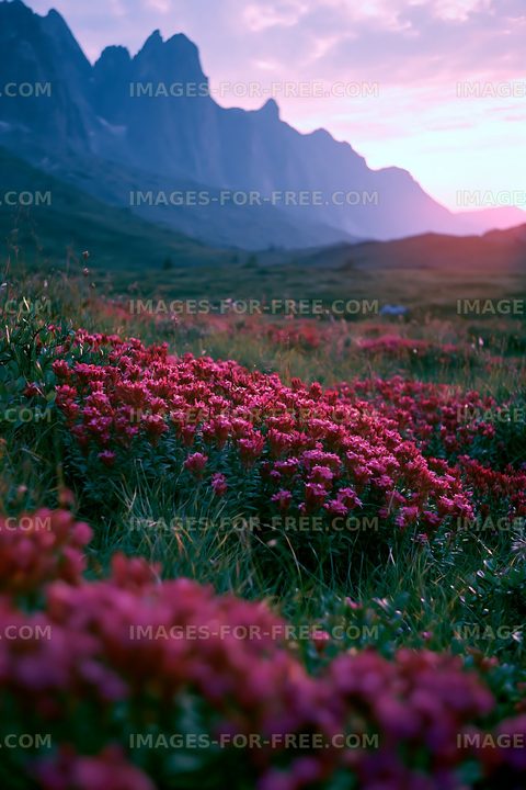Colorful flowers in a mountain landscape at sunset