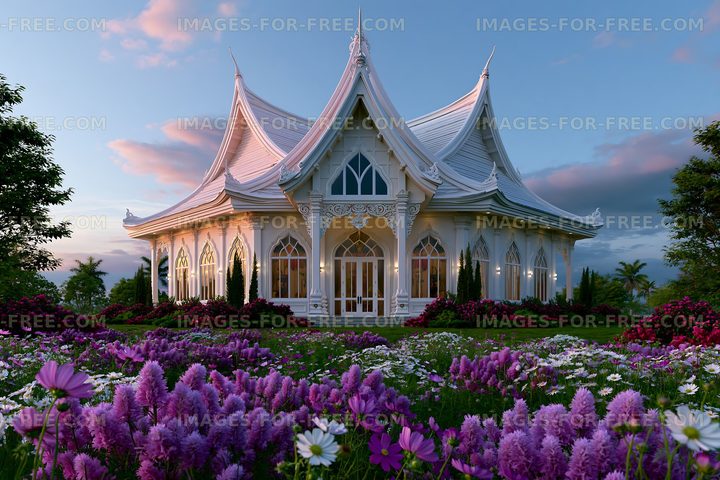 Decorative white pavilion in a blooming garden at dusk