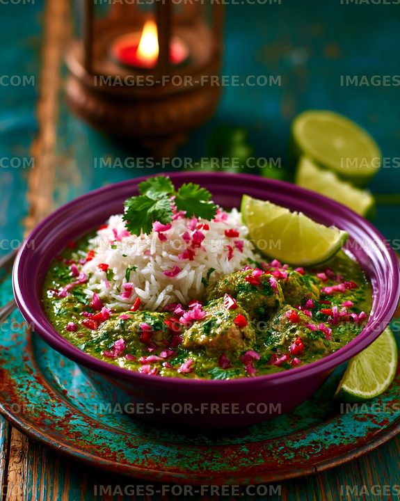 Colorful Green Curry Bowl with Rice and Lime
