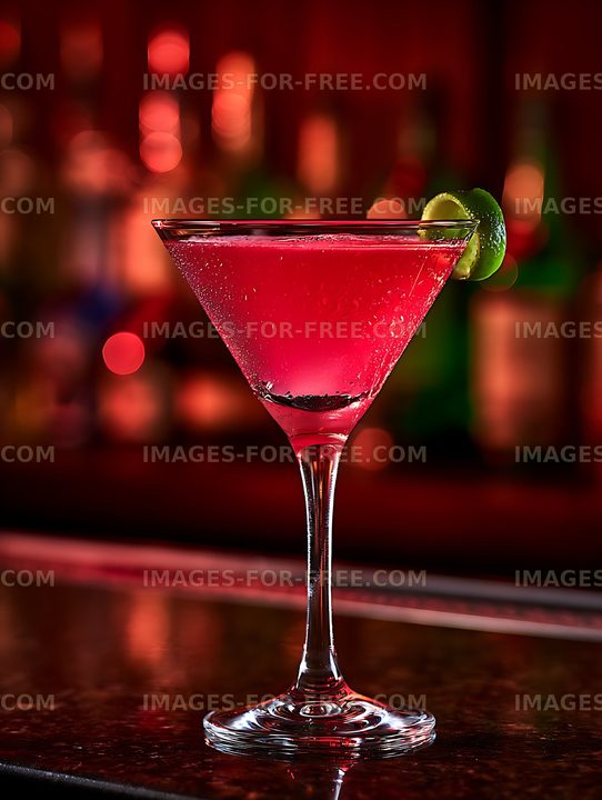 Vibrant red cocktail with lime on a reflective bar