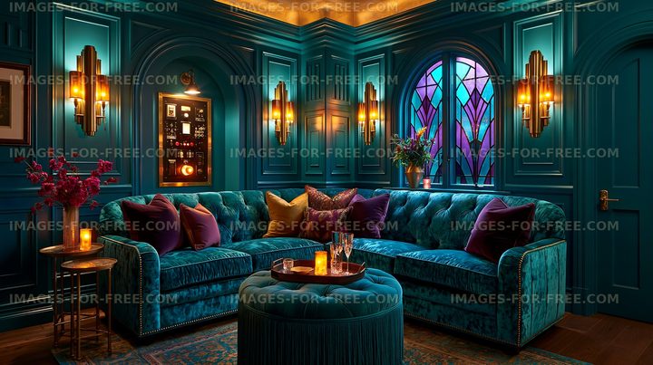 Elegant teal lounge interior with velvet seating and stained glass
