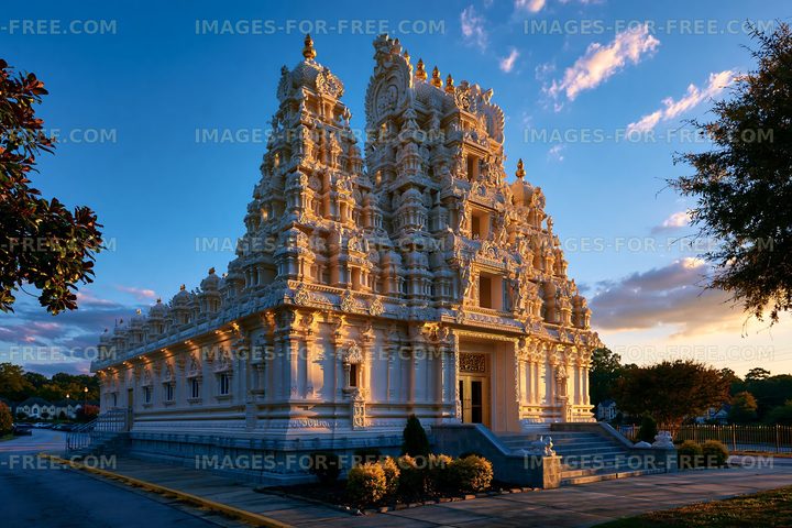 Ornate Hindu temple illuminated by evening light