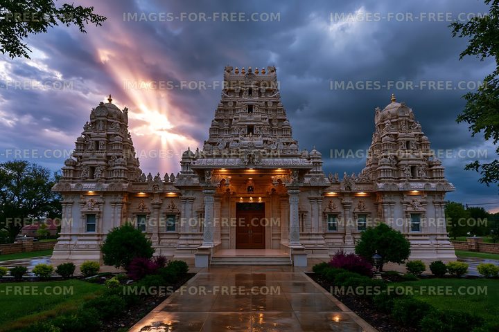 Ornate Hindu temple under stormy sunset skies