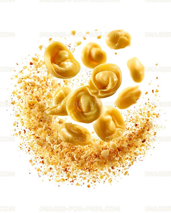 Floating golden tortellini with scattered crispy crumbs