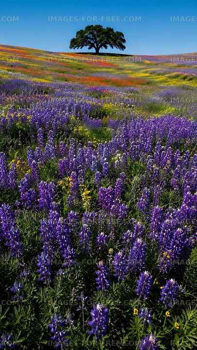 Vibrant field of purple flowers under a clear blue sky