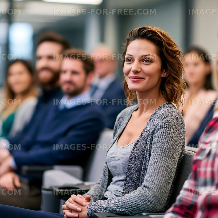 Smiling woman sitting in an indoor audience