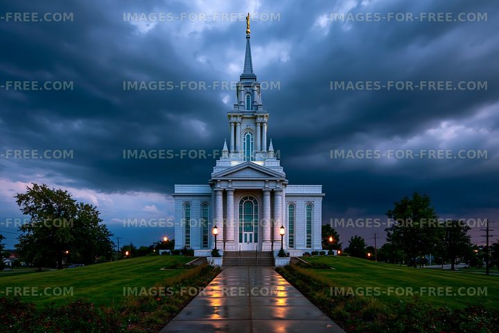 Illuminated white temple after rain under stormy skies