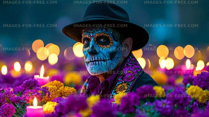 Colorful face-painted portrait with flowers and candles
