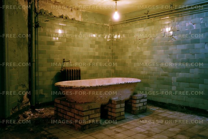 Worn bathtub in a neglected tiled bathroom