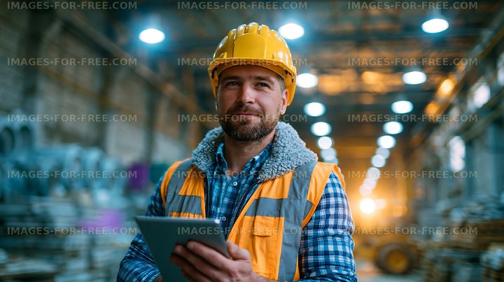 Worker in hard hat holding tablet in industrial interior