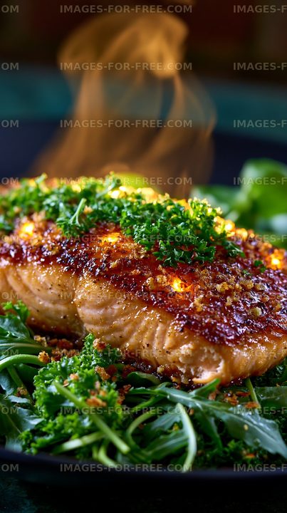 Close-up glazed chicken breast served with fresh greens