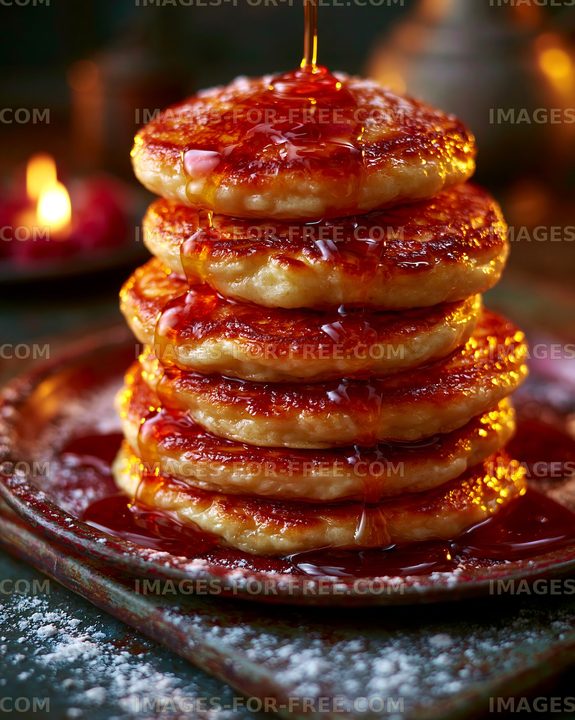 Syrup-covered pancake stack in warm light
